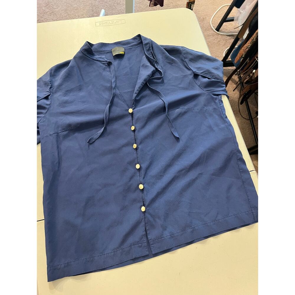 Fendi Blue Silk Tie Oversized Blouse Size 44 / XS Made in Italy - Picture 15 of 16